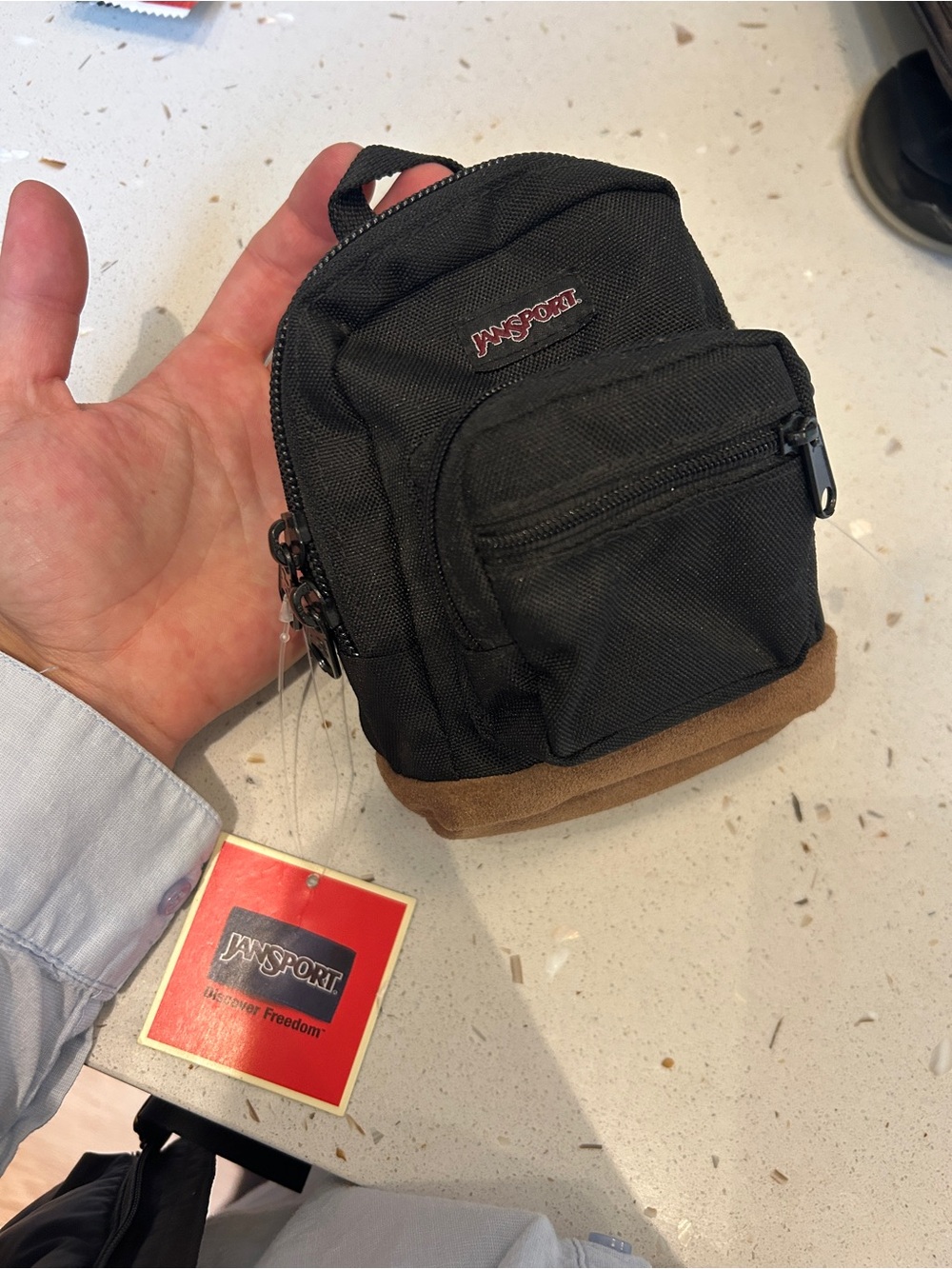 Jansport Black Mini Backpack Pouch with Brown Suede Base